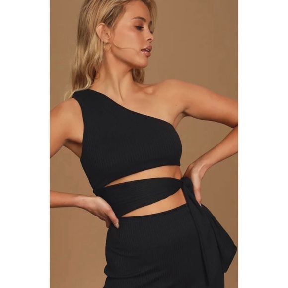 Lulus Never Going Home Black Ribbed One-Shoulder Cutout Bodycon Dress S - Picture 2 of 5